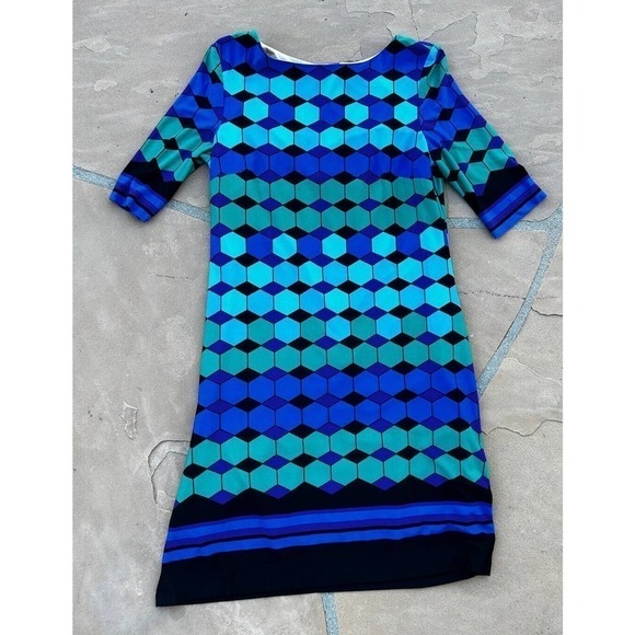 Eliza J Multi Color Print Pattern Crew Neck Quarter Sleeve Pullover Sheath Sz 8 - Picture 1 of 6
